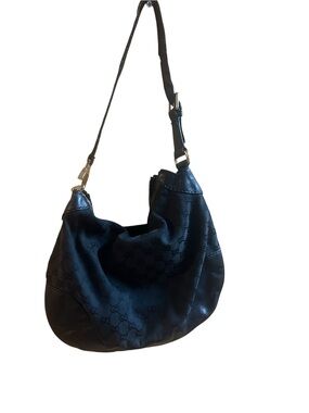 Gucci Black GG Monogram Shoulder Bag with Leather Trim